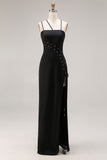 Black Spaghetti Straps Mermaid Long Prom Dress with Slit