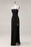 Black Spaghetti Straps Mermaid Long Prom Dress with Slit