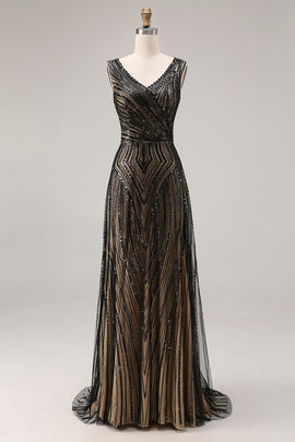 Sparkly Black A Line Beaded V-Neck Long Prom Dress