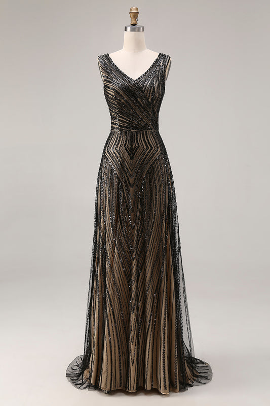 Sparkly Black A Line Beaded V-Neck Long Prom Dress
