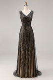 Sparkly Black A Line Beaded V-Neck Long Prom Dress