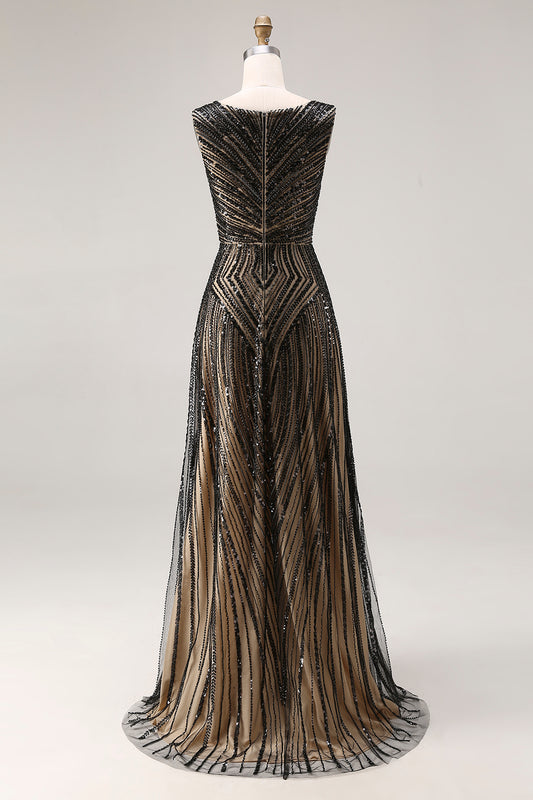 Sparkly Black A Line Beaded V-Neck Long Prom Dress