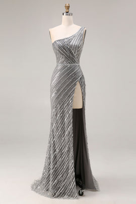 Sparkly Silver Mermaid One Shoulder Long Beaded Prom Dress with Slit