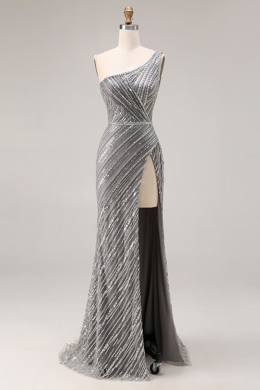 Sparkly Silver Mermaid One Shoulder Long Beaded Prom Dress with Slit