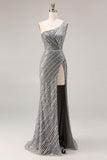 Sparkly Silver Mermaid One Shoulder Long Beaded Prom Dress with Slit