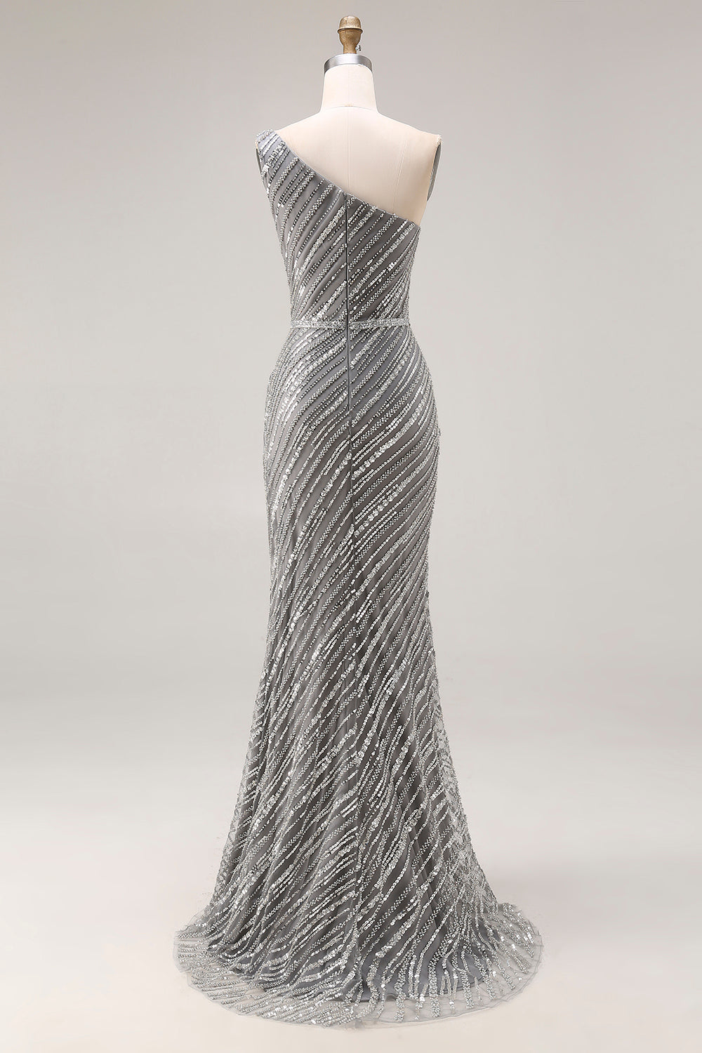 Sparkly Silver Mermaid One Shoulder Long Beaded Prom Dress with Slit