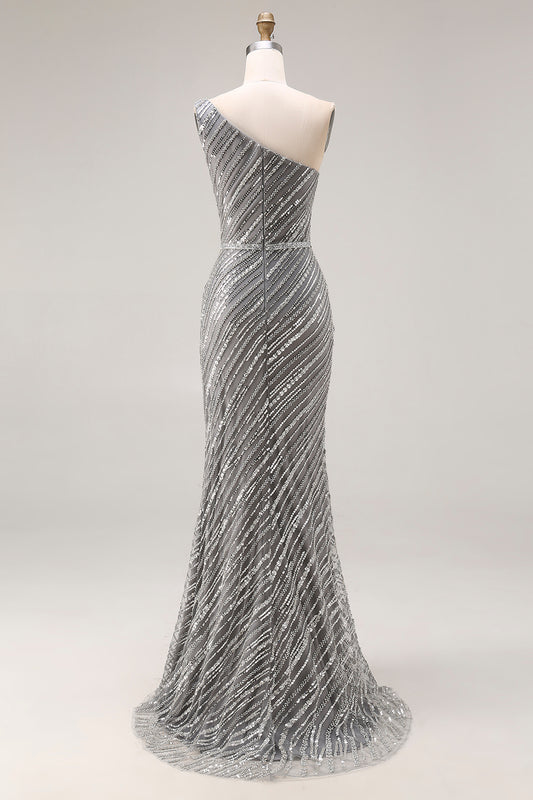 Sparkly Silver Mermaid One Shoulder Long Beaded Prom Dress with Slit