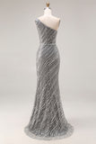 Sparkly Silver Mermaid One Shoulder Long Beaded Prom Dress with Slit