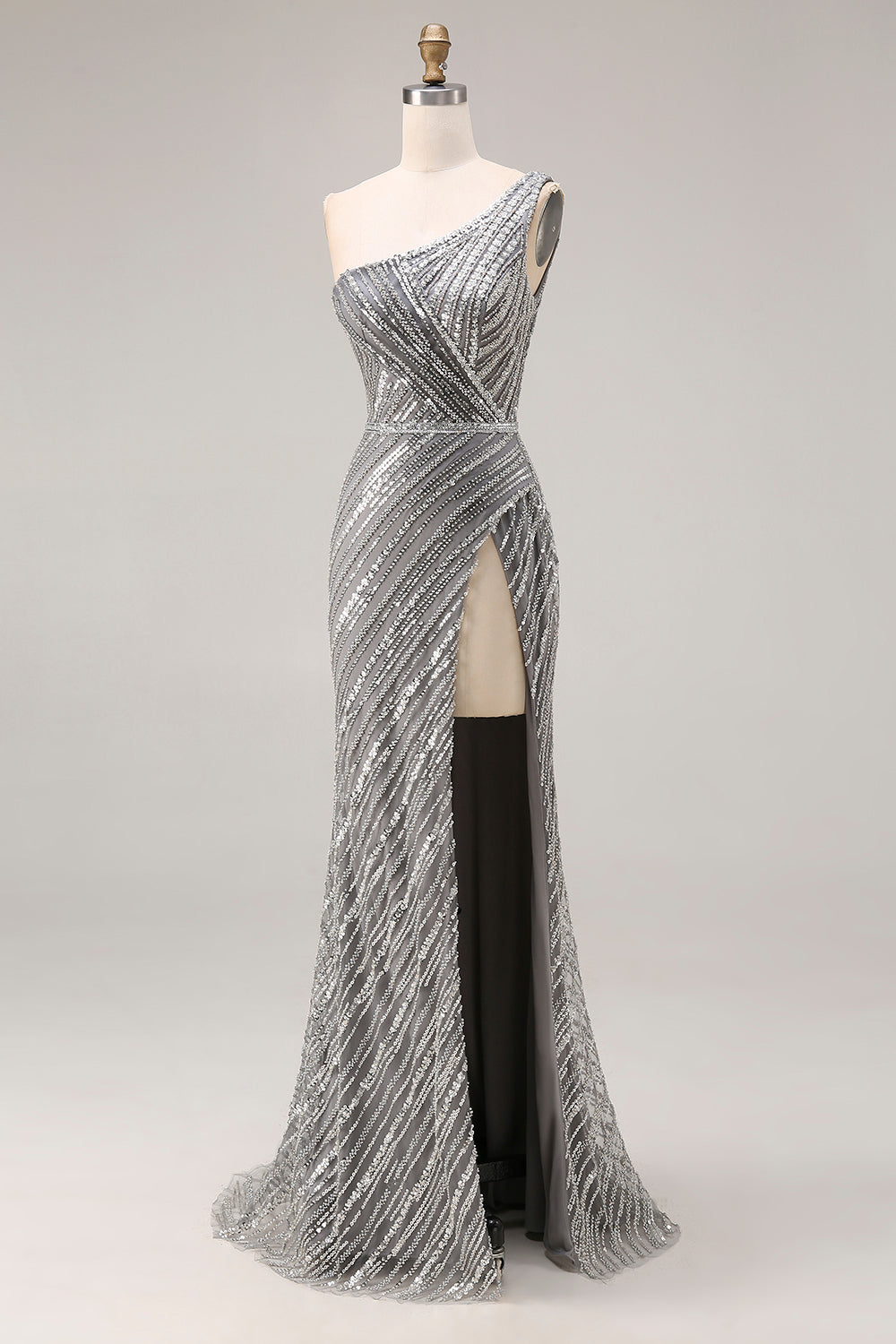 sparkly silver one shoulder dress Silver Sequined One Shoulder Corset Slit Long Train Prom Dress