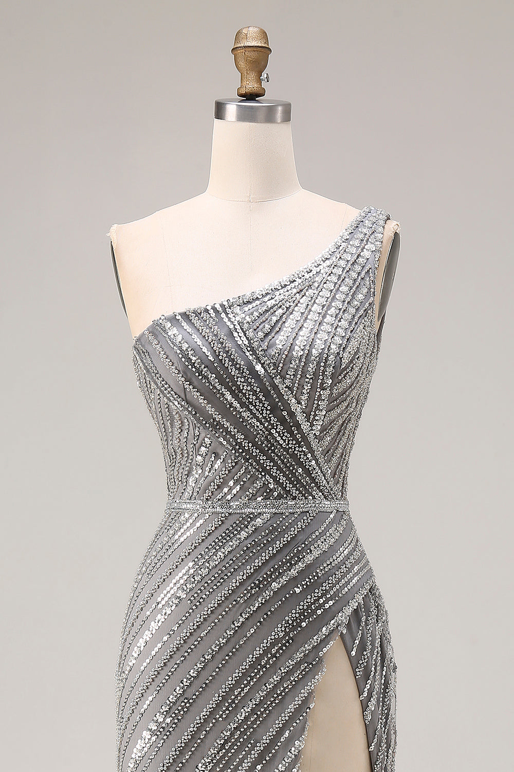 Sparkly Silver Mermaid One Shoulder Long Beaded Prom Dress with Slit