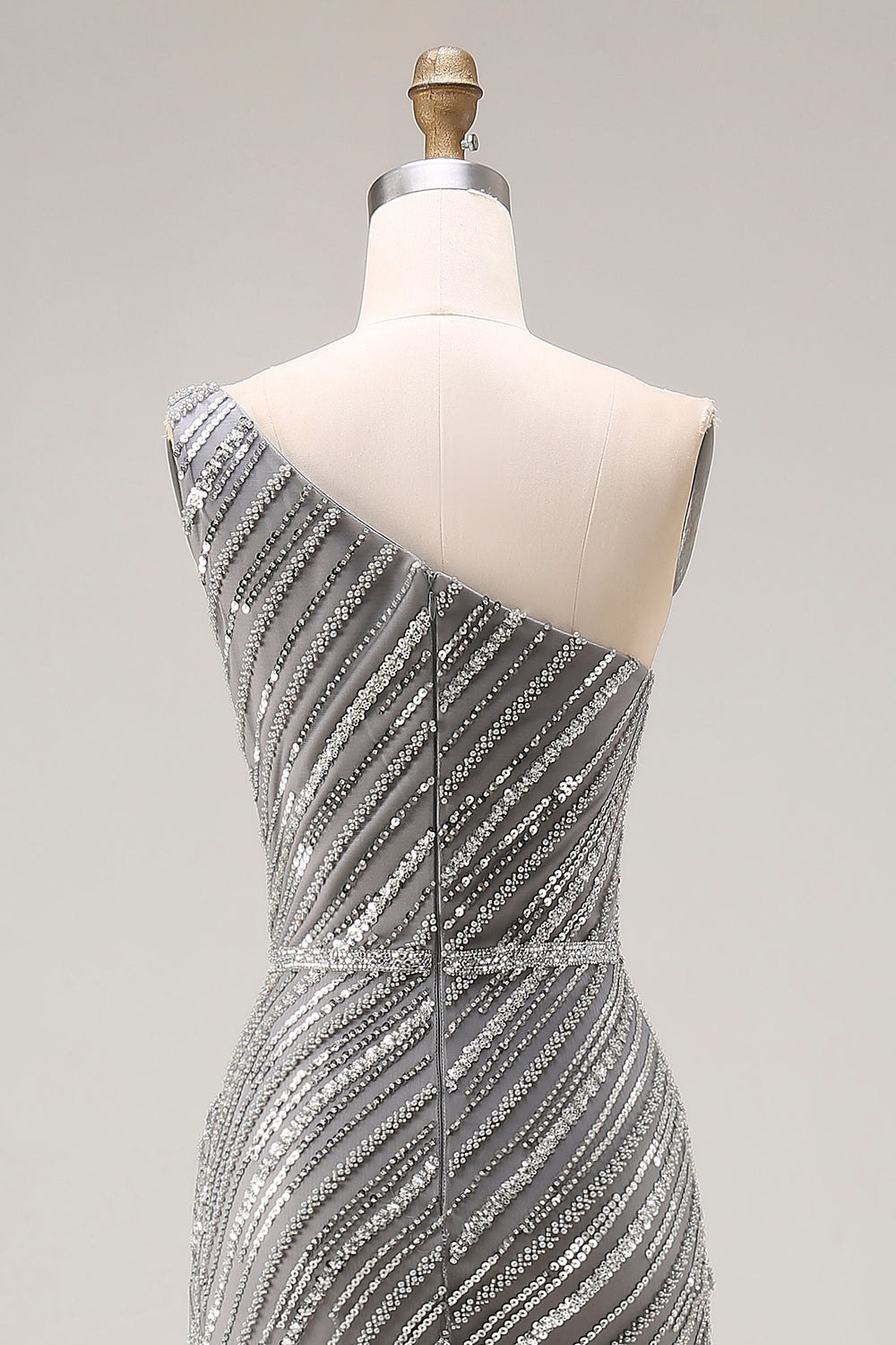 Sparkly Silver Mermaid One Shoulder Long Beaded Prom Dress with Slit