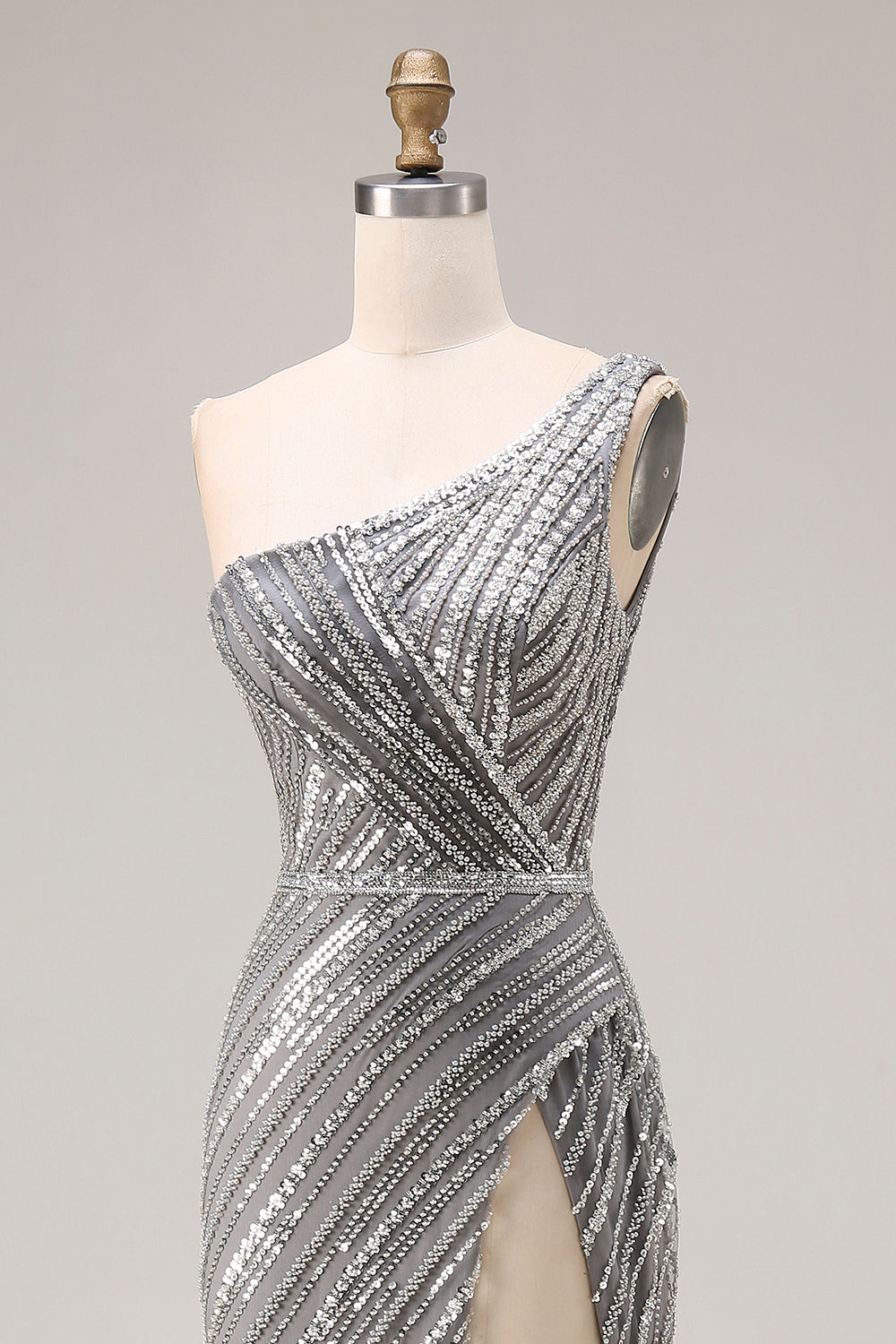 Sparkly Silver Mermaid One Shoulder Long Beaded Prom Dress with Slit