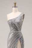 Sparkly Silver Mermaid One Shoulder Long Beaded Prom Dress with Slit