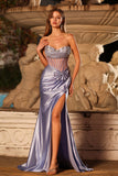 Sparkly Lilac Beaded Mermaid Ruched Long Corset Prom Dress with Slit