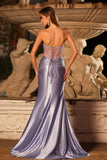 Sparkly Lilac Beaded Mermaid Ruched Long Corset Prom Dress with Slit