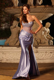 Sparkly Lilac Beaded Mermaid Ruched Long Corset Prom Dress with Slit