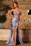 Sparkly Lilac Beaded Mermaid Ruched Long Corset Prom Dress with Slit