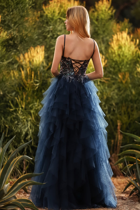 Sparkly Floral Navy Beaded A Line Tiered Long Prom Dress with Slit