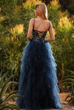 Sparkly Floral Navy Beaded A Line Tiered Long Prom Dress with Slit
