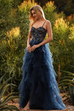 Sparkly Floral Navy Beaded A Line Tiered Long Prom Dress with Slit