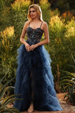 Sparkly Floral Navy Beaded A Line Tiered Long Prom Dress with Slit