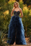 Sparkly Floral Navy Beaded A Line Tiered Long Prom Dress with Slit