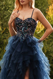 Sparkly Floral Navy Beaded A Line Tiered Long Prom Dress with Slit