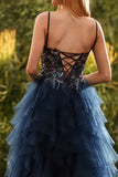 Sparkly Floral Navy Beaded A Line Tiered Long Prom Dress with Slit