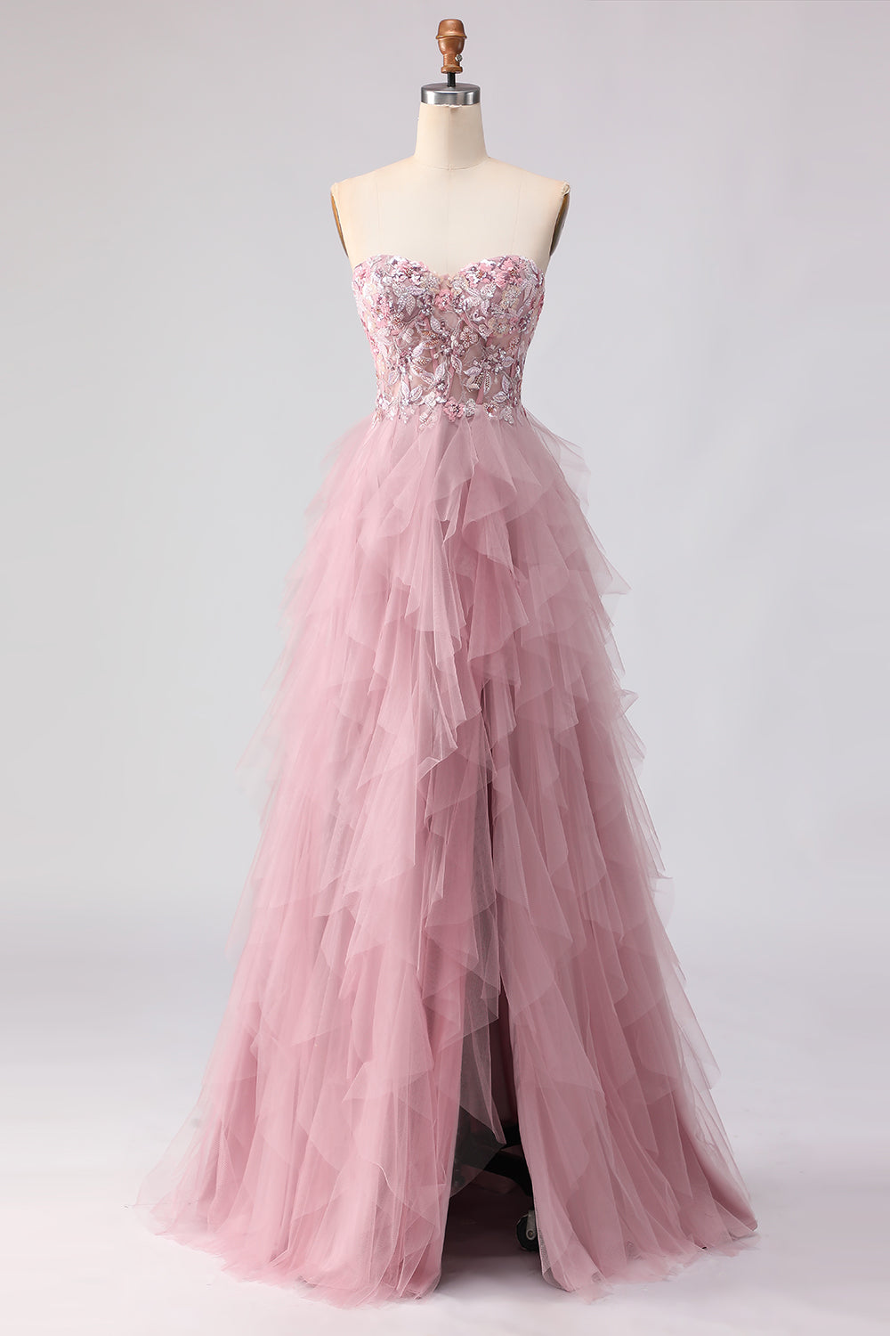 Floral Pink A Line Tulle Sweetheart Long Prom Dress with Beading