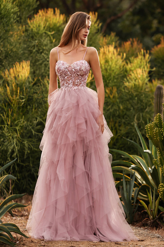 Floral Pink A Line Sweetheart Tulle Long Prom Dress with Beading
