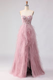 Floral Pink A Line Tulle Sweetheart Long Prom Dress with Beading