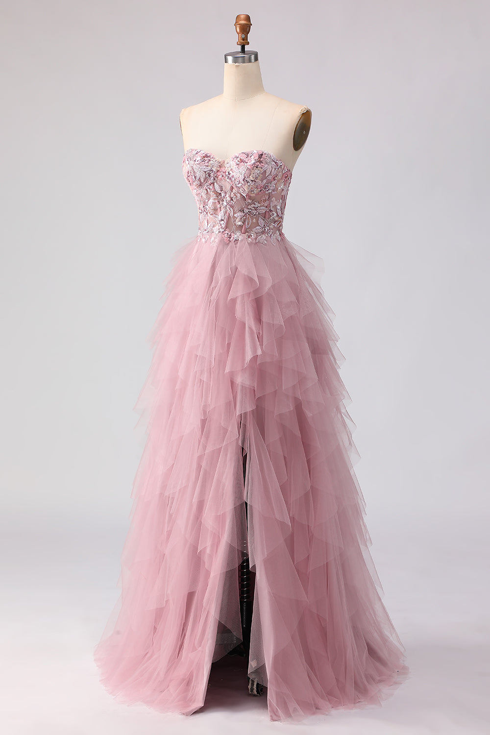 Floral Pink A Line Tulle Sweetheart Long Prom Dress with Beading