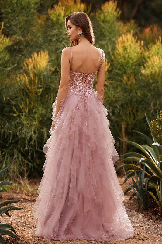 Floral Pink A Line Sweetheart Tulle Long Prom Dress with Beading