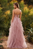 Floral Pink A Line Sweetheart Tulle Long Prom Dress with Beading