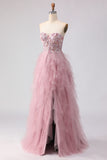 Floral Pink A Line Tulle Sweetheart Long Prom Dress with Beading