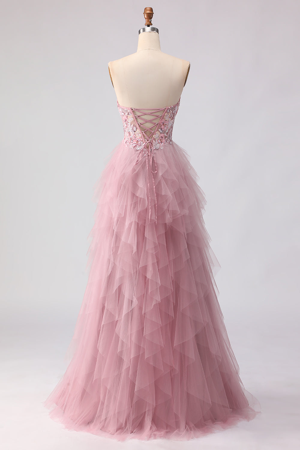 Floral Pink A Line Tulle Sweetheart Long Prom Dress with Beading