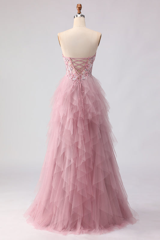 Floral Pink A Line Tulle Sweetheart Long Prom Dress with Beading