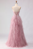 Floral Pink A Line Tulle Sweetheart Long Prom Dress with Beading