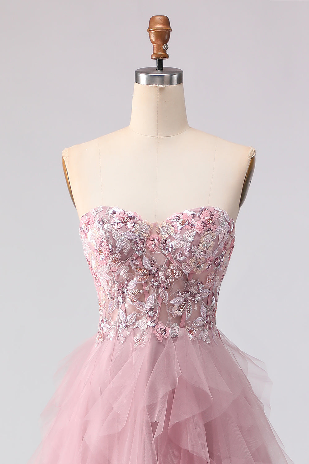 Floral Pink A Line Tulle Sweetheart Long Prom Dress with Beading