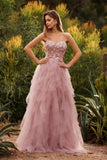 Floral Pink A Line Sweetheart Tulle Long Prom Dress with Beading