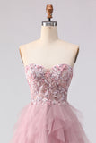 Floral Pink A Line Tulle Sweetheart Long Prom Dress with Beading