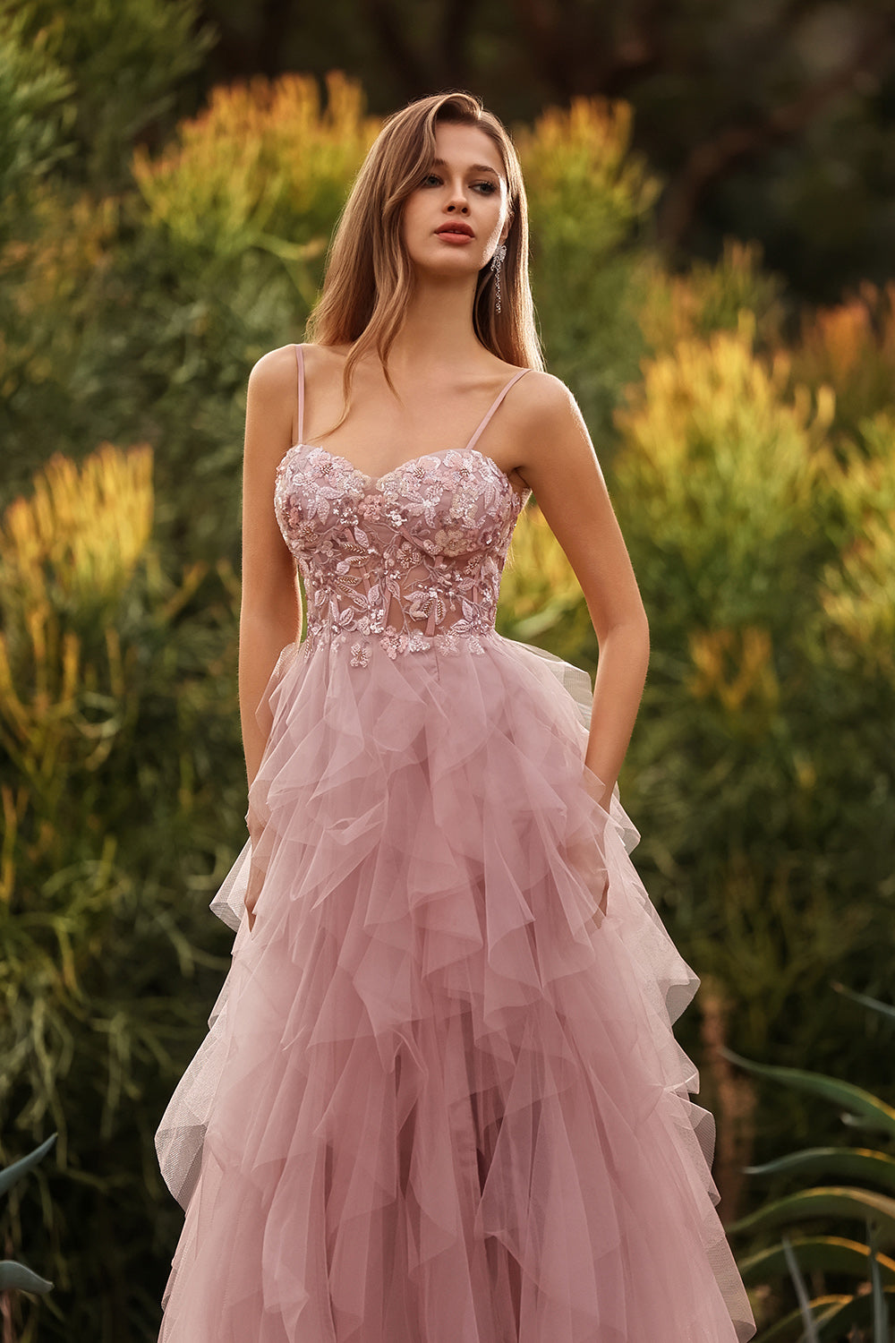 Floral Pink A Line Sweetheart Tulle Long Prom Dress with Beading
