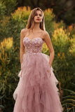 Floral Pink A Line Sweetheart Tulle Long Prom Dress with Beading