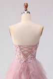 Floral Pink A Line Tulle Sweetheart Long Prom Dress with Beading