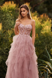 Floral Pink A Line Sweetheart Tulle Long Prom Dress with Beading