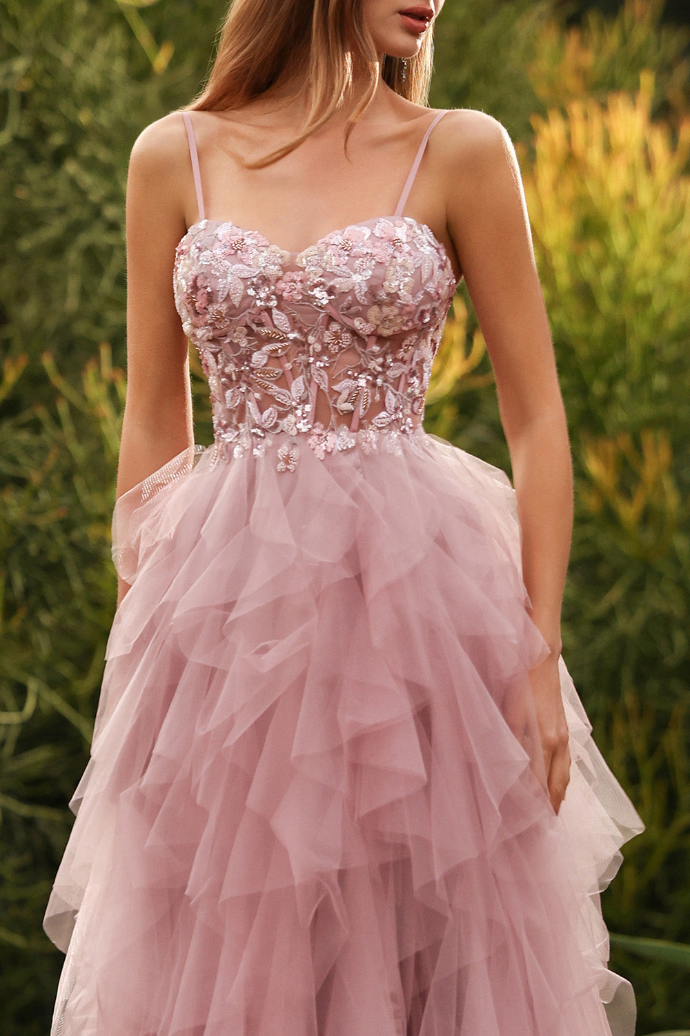 Floral Pink A Line Sweetheart Tulle Long Prom Dress with Beading