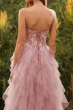 Floral Pink A Line Sweetheart Tulle Long Prom Dress with Beading