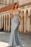 Sky Blue Mermaid Beaded Ruched Strapless Long Corset Prom Dress