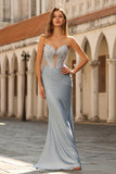 Sky Blue Mermaid Beaded Ruched Strapless Long Corset Prom Dress