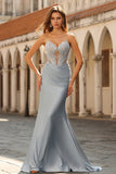 Sky Blue Mermaid Beaded Ruched Strapless Long Corset Prom Dress
